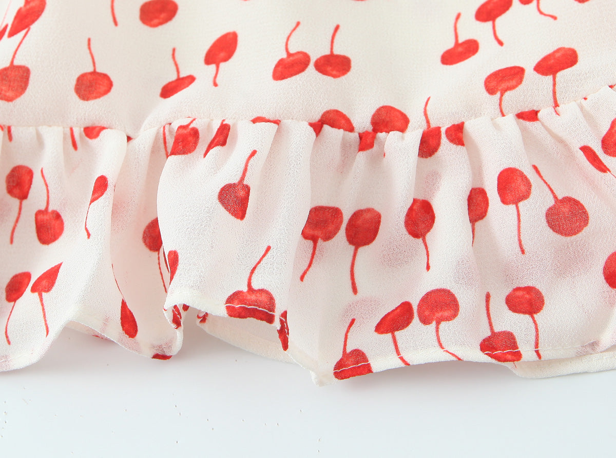 Spring Summer Sweet Printed Chic Wooden Ear Suspender French V neck Slim Short Dress OMI