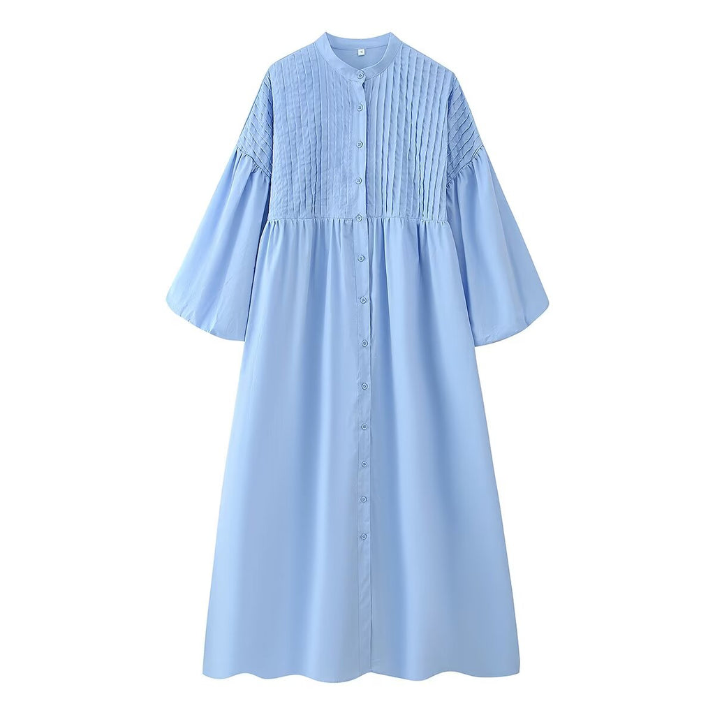 Summer Women Casual Loose round Neck Breasted Puff Sleeve Dress CHEN