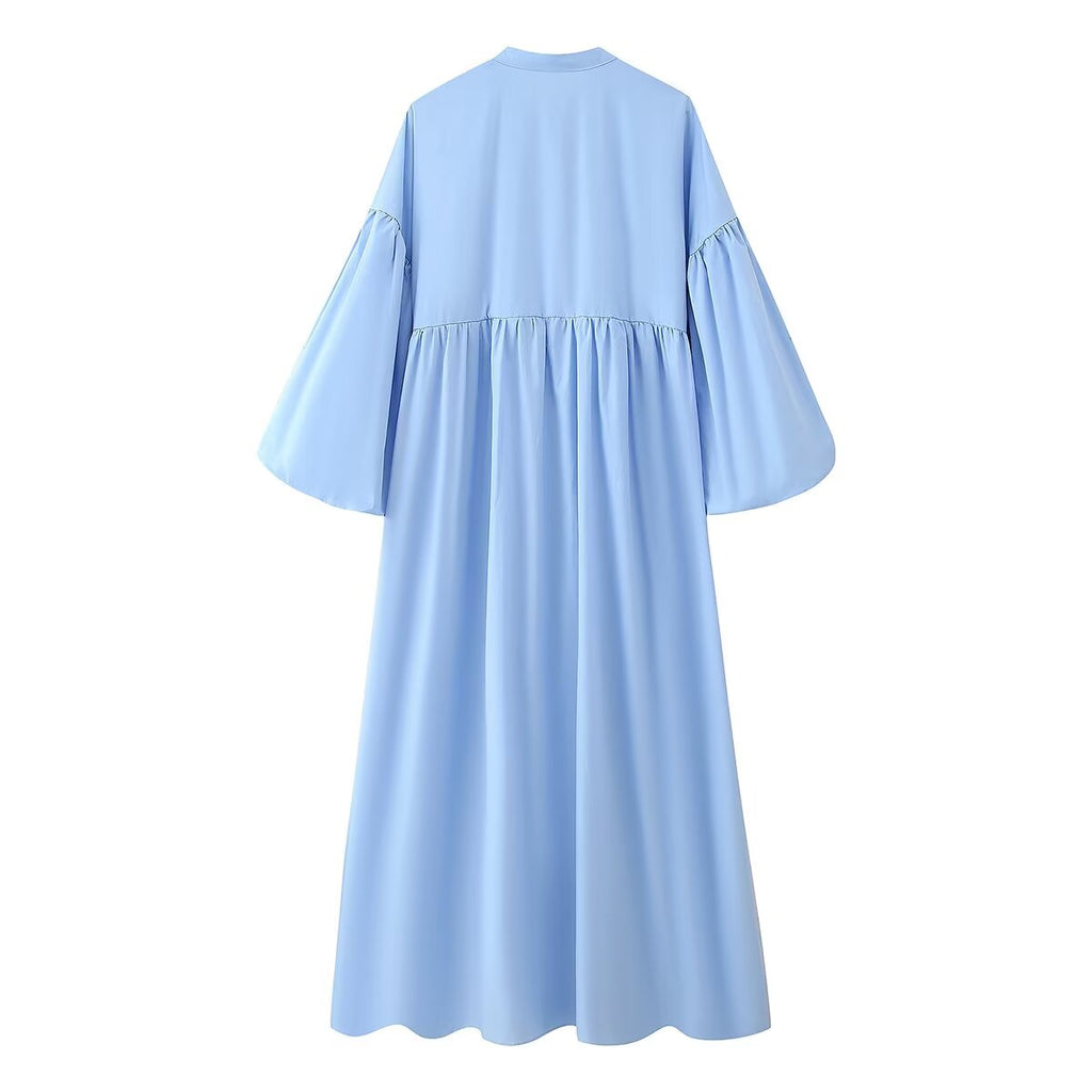 Summer Women Casual Loose round Neck Breasted Puff Sleeve Dress CHEN