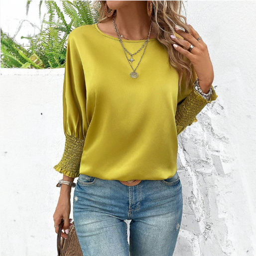 Casual Loose Women T shirt Smocking Batwing Sleeve Solid Color round Neck Top Spring Summer Women