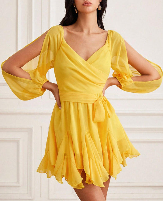 Women Clothing Fall Backless Cross Strap Lantern Sleeve Chiffon Dress