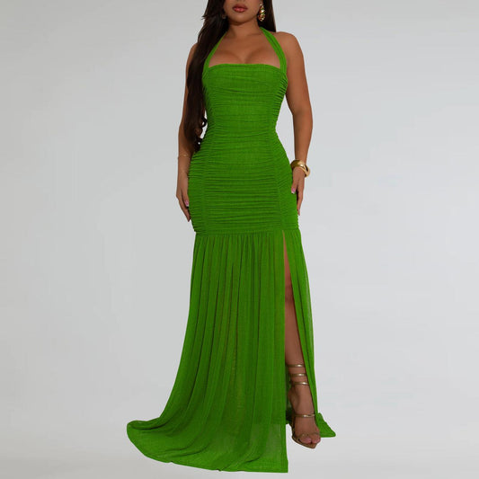 Women Wear Summer Mesh Sexy Slit Solid Color Dress