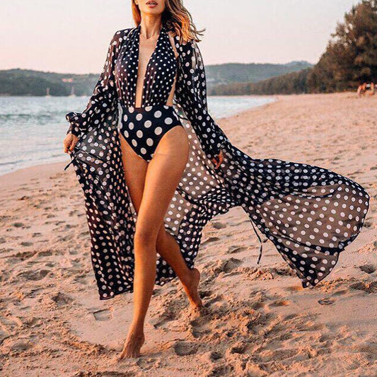 Cárdigan holgado de gasa con lunares para playa, para vacaciones, para bikini, con protección solar, para mujer