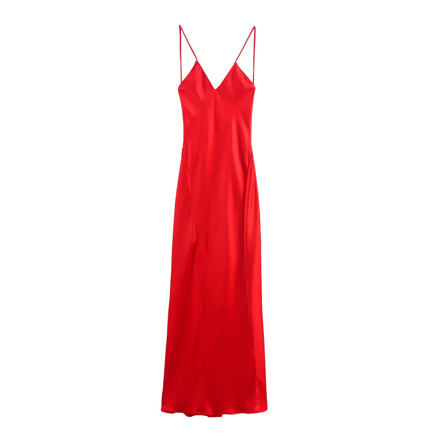 Summer Solid Color Strap Backless Silk Satin Texture Length Dress SenDa