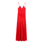 Summer Solid Color Strap Backless Silk Satin Texture Length Dress SenDa