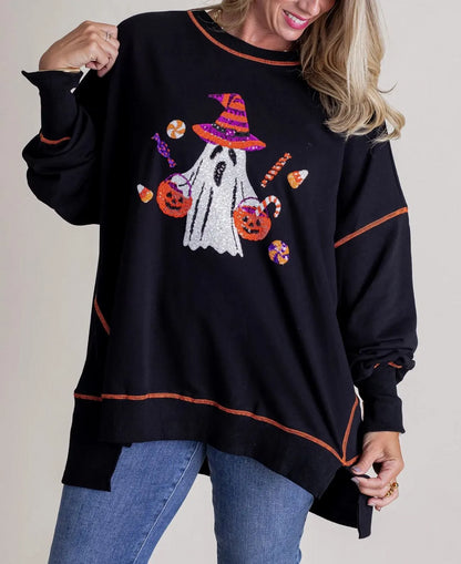 Autumn Winter Women Halloween Ghost Sequined Sweater Embroidered Casual Top for Women