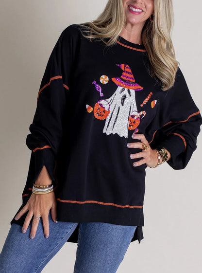 Autumn Winter Women Halloween Ghost Sequined Sweater Embroidered Casual Top for Women