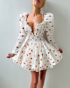 Summer French Sweet Girl Casual Strawberry Printed Square Collar Puff Sleeve Waist Tight Dress Aiostar