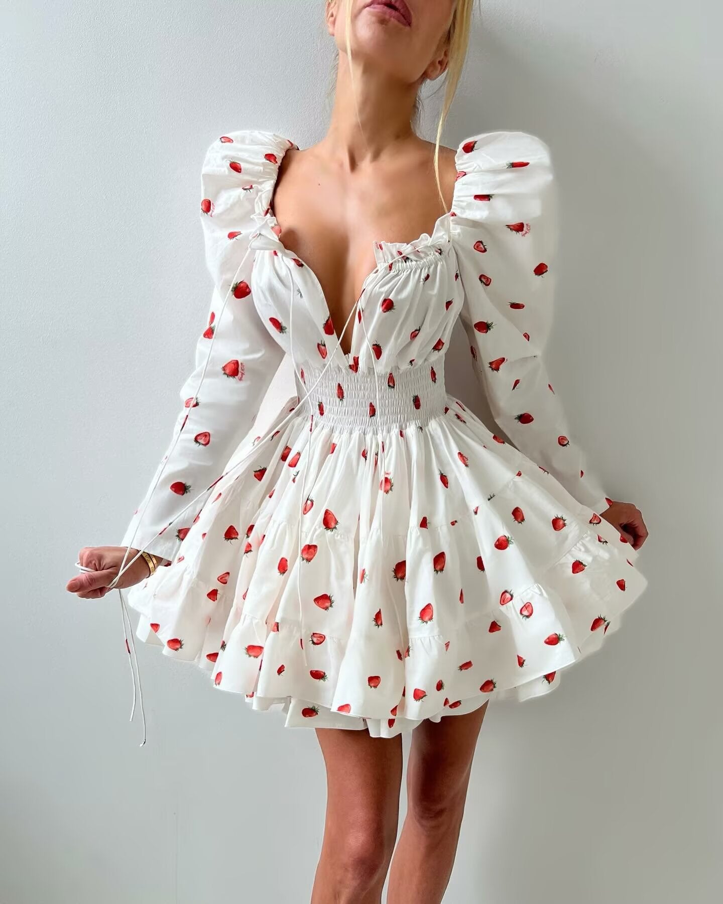 Summer French Sweet Girl Casual Strawberry Printed Square Collar Puff Sleeve Waist Tight Dress Aiostar