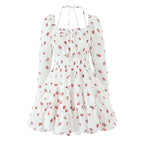 Summer French Sweet Girl Casual Strawberry Printed Square Collar Puff Sleeve Waist Tight Dress Aiostar