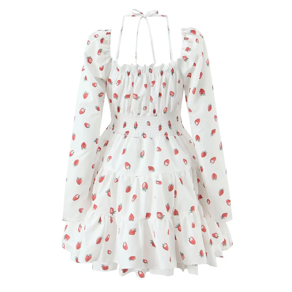 Summer French Sweet Girl Casual Strawberry Printed Square Collar Puff Sleeve Waist Tight Dress Aiostar