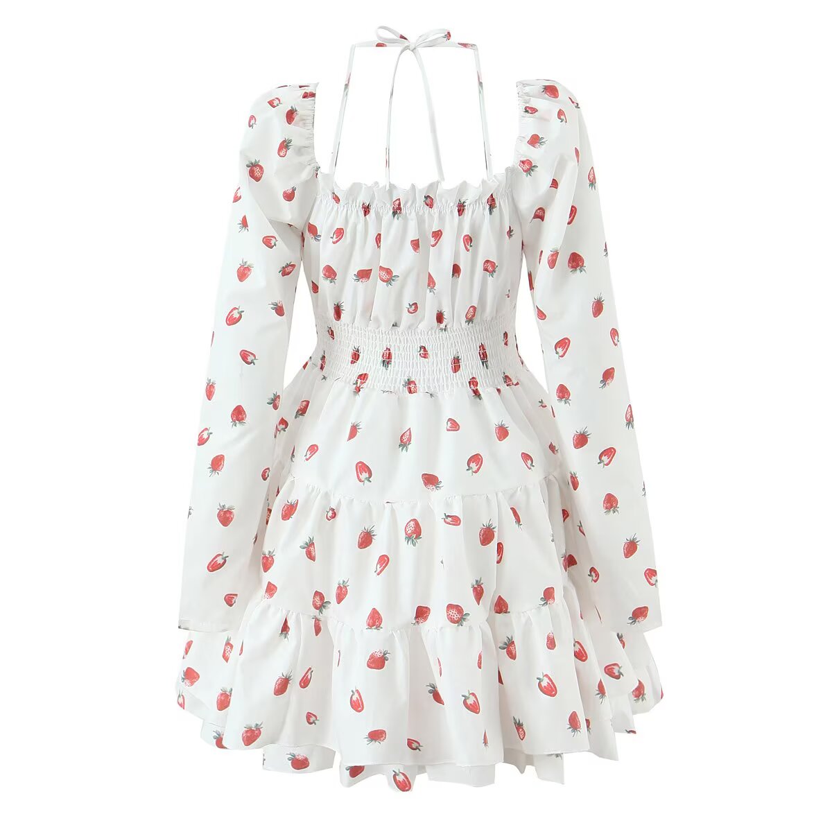 Summer French Sweet Girl Casual Strawberry Printed Square Collar Puff Sleeve Waist Tight Dress Aiostar
