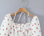 Summer French Sweet Girl Casual Strawberry Printed Square Collar Puff Sleeve Waist Tight Dress Aiostar