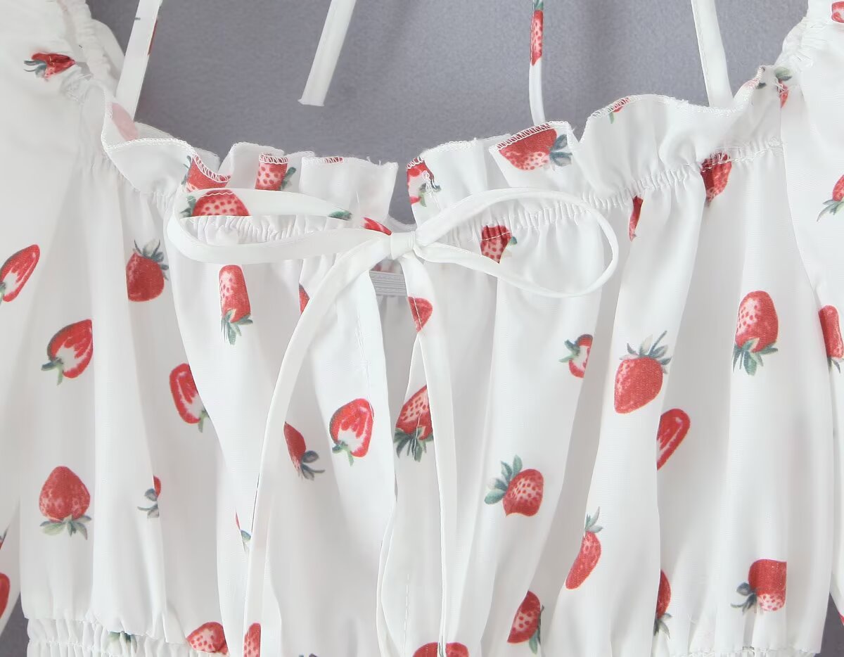 Summer French Sweet Girl Casual Strawberry Printed Square Collar Puff Sleeve Waist Tight Dress Aiostar