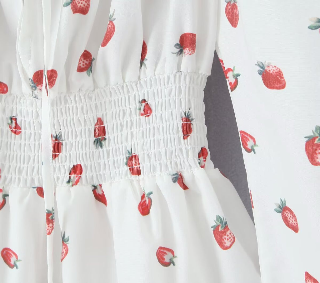 Summer French Sweet Girl Casual Strawberry Printed Square Collar Puff Sleeve Waist Tight Dress Aiostar