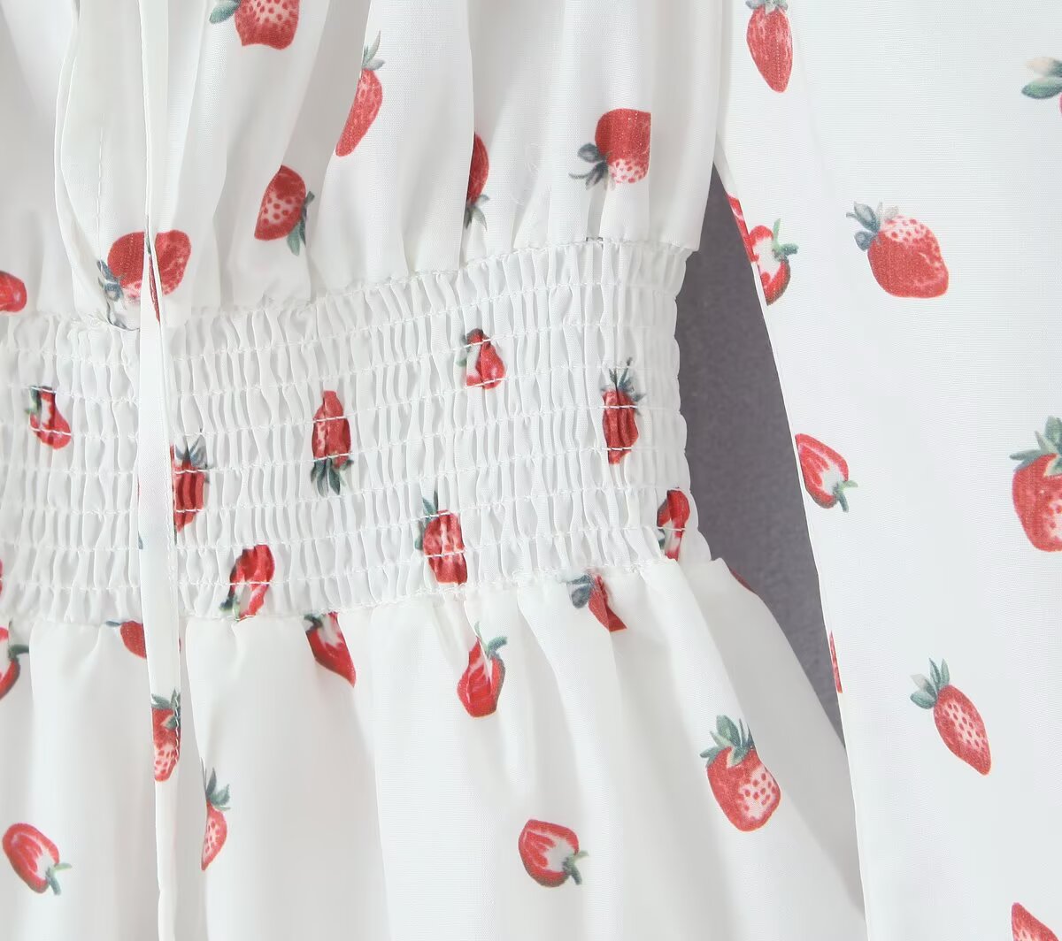Summer French Sweet Girl Casual Strawberry Printed Square Collar Puff Sleeve Waist Tight Dress Aiostar