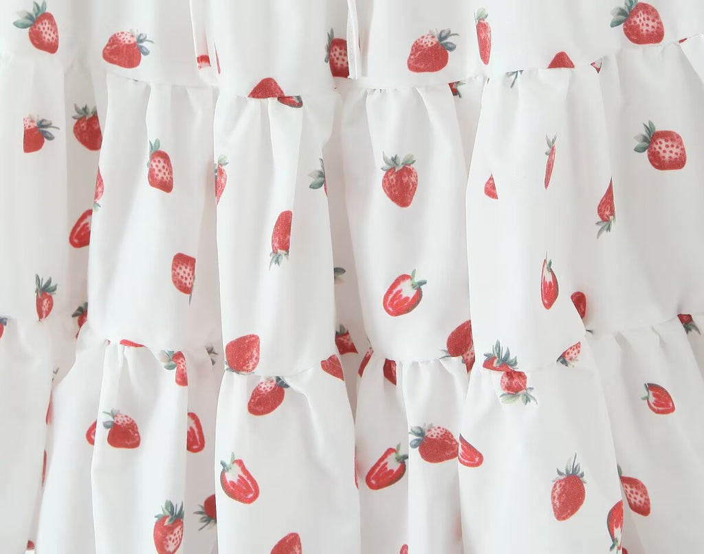 Summer French Sweet Girl Casual Strawberry Printed Square Collar Puff Sleeve Waist Tight Dress Aiostar