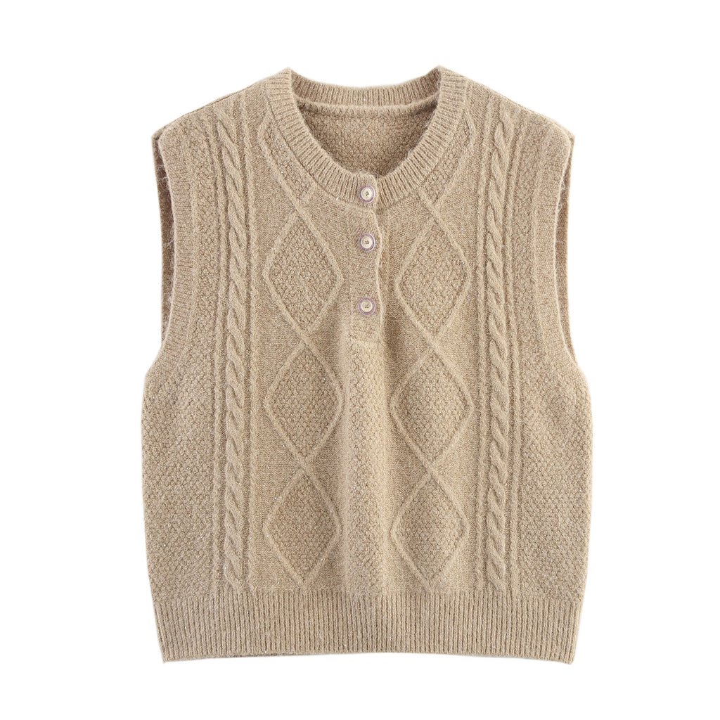 Gilet mi-long en maille à sequins et diamants pour femme, automne, col rond.