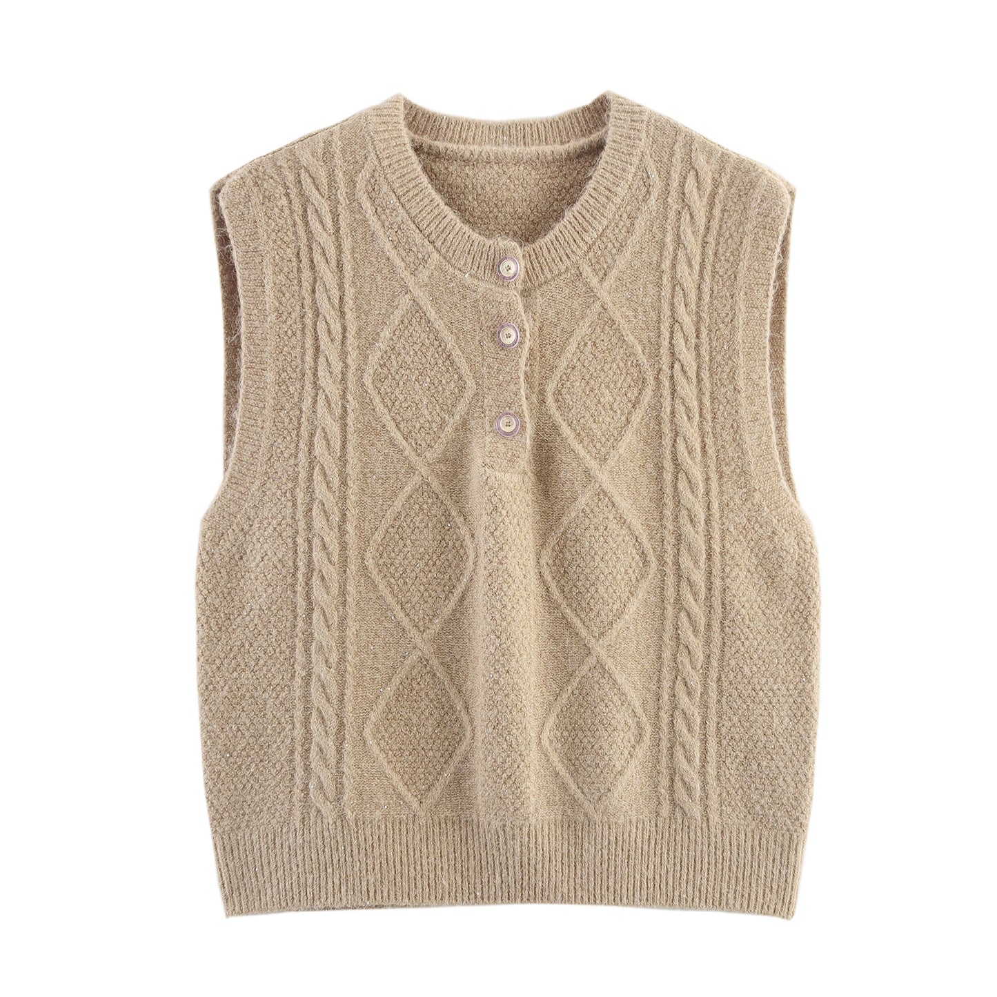 Women Clothing Autumn Sequined Diamond round Neck Half Cardigan Knitted Vest