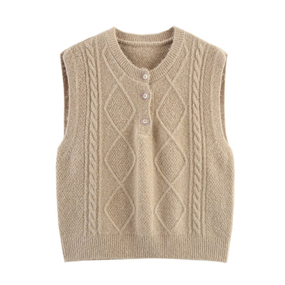 Women Clothing Autumn Sequined Diamond round Neck Half Cardigan Knitted Vest