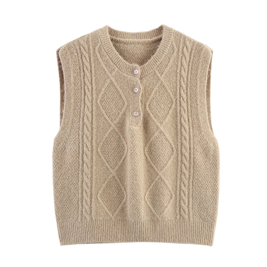 Women Clothing Autumn Sequined Diamond round Neck Half Cardigan Knitted Vest