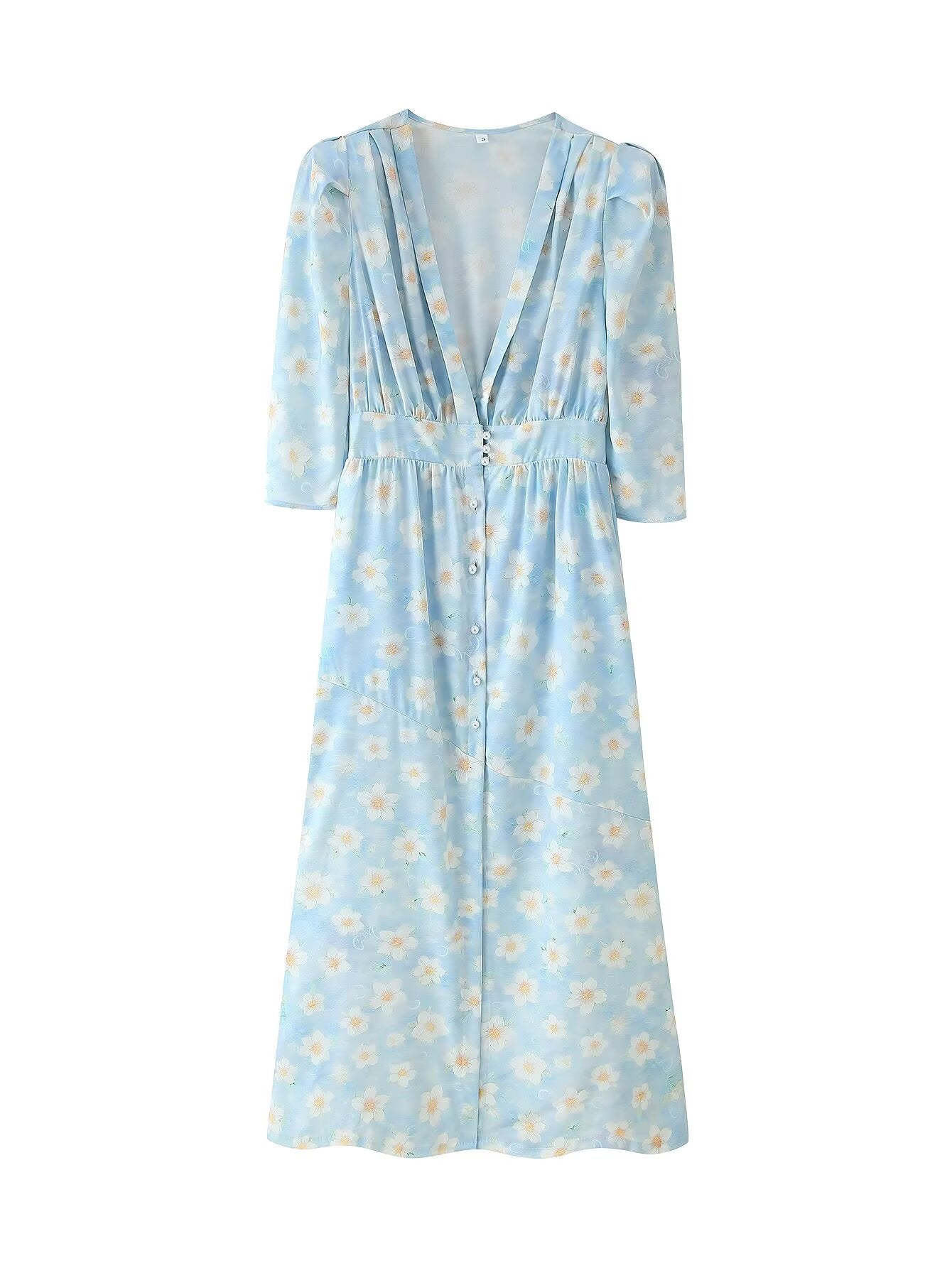Summer Women Clothing Refined Stylish Simple V neck Printed Puff Sleeve Pearl Buckle Dress CHEN