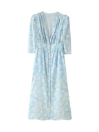 Summer Women Clothing Refined Stylish Simple V neck Printed Puff Sleeve Pearl Buckle Dress CHEN