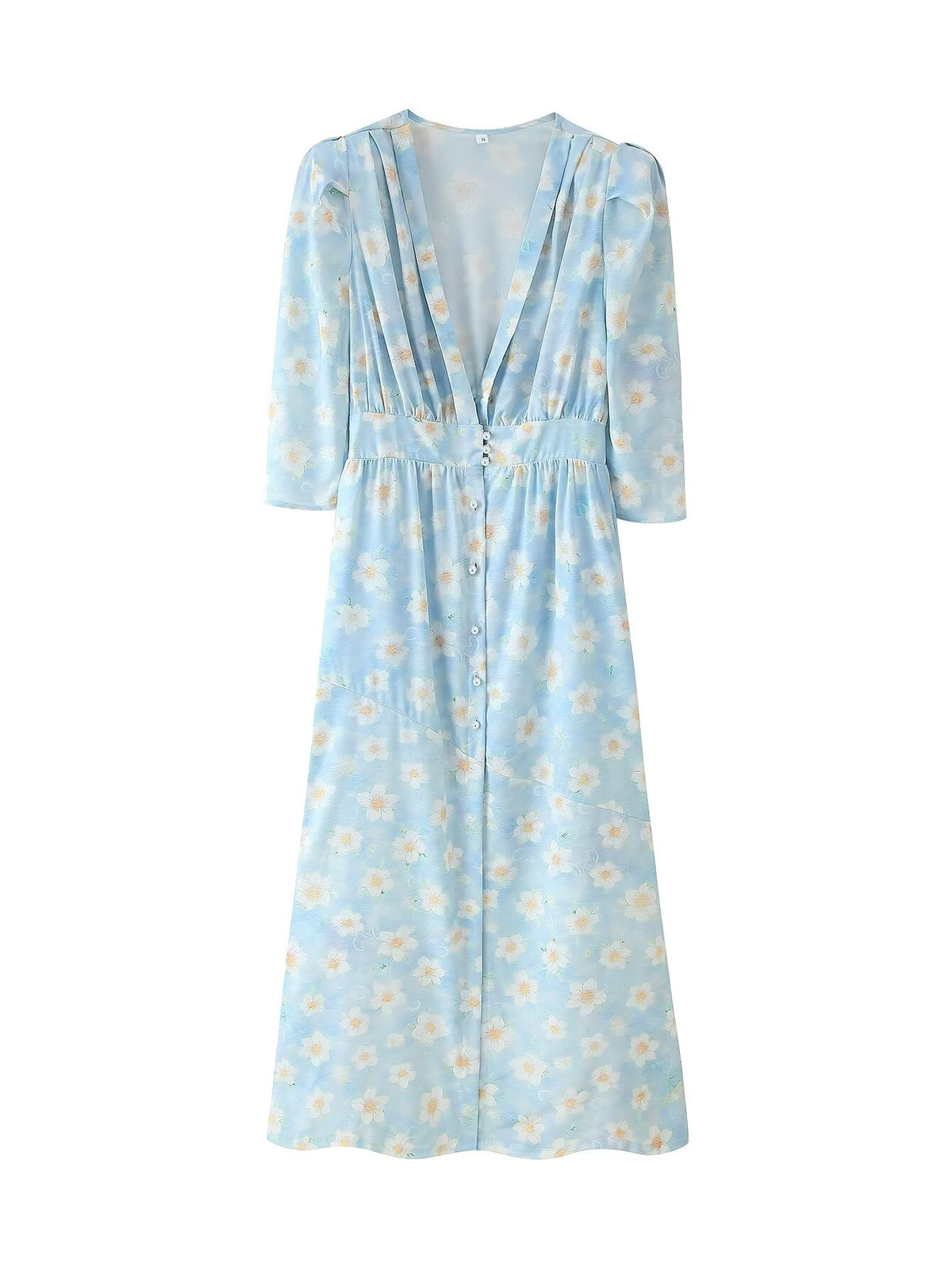 Summer Women Clothing Refined Stylish Simple V neck Printed Puff Sleeve Pearl Buckle Dress CHEN
