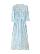 Summer Women Clothing Refined Stylish Simple V neck Printed Puff Sleeve Pearl Buckle Dress CHEN