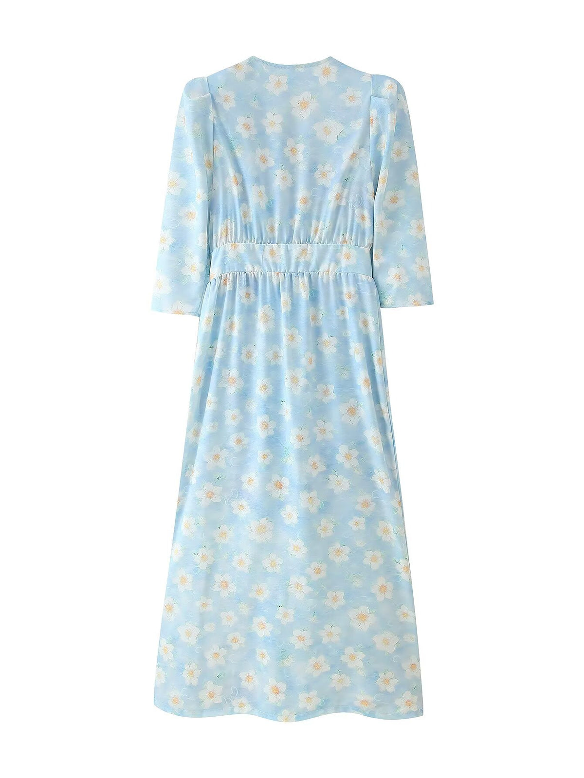 Summer Women Clothing Refined Stylish Simple V neck Printed Puff Sleeve Pearl Buckle Dress CHEN