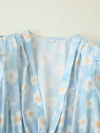 Summer Women Clothing Refined Stylish Simple V neck Printed Puff Sleeve Pearl Buckle Dress CHEN
