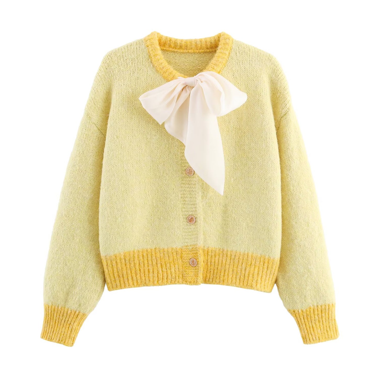 Women Clothing Fall round Neck Long Sleeve Bowknot Decorative Knitwear Coat