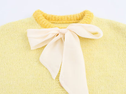 Women Clothing Fall round Neck Long Sleeve Bowknot Decorative Knitwear Coat