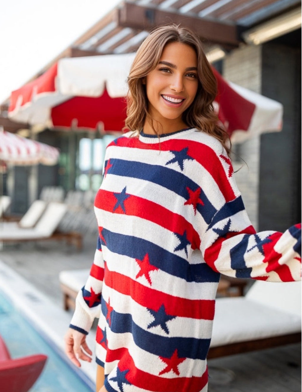 Suéter de rayas popular de manga larga holgado con estampado de bandera para mujer de Oumeiya