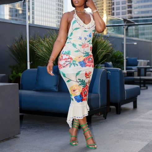 Sexy Backless Lace Printing Dress Sheath Sexy Maxi Dress Irregular Asymmetric Lotus Floral Swing