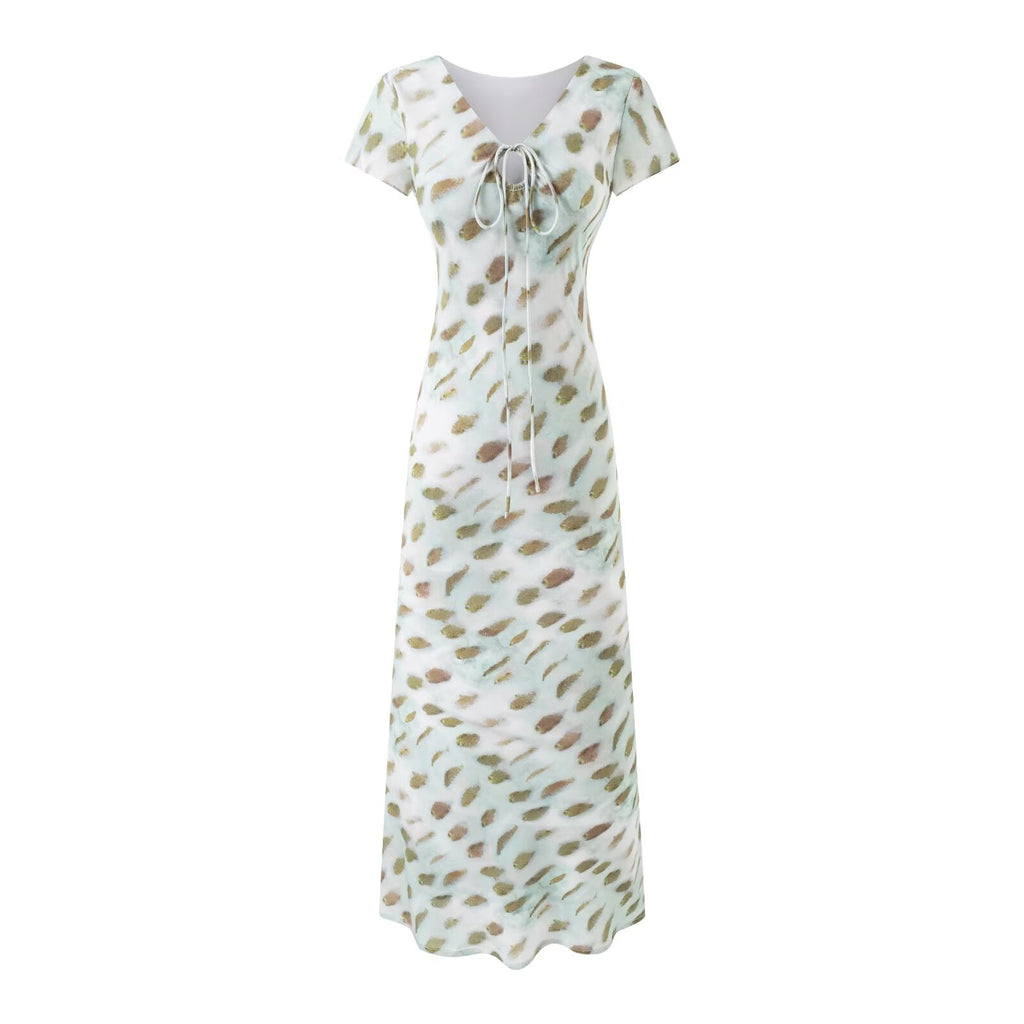 Summer Women Clothing Vacation Elegant V neck Lace up Short Sleeve Printed Dress PullWind