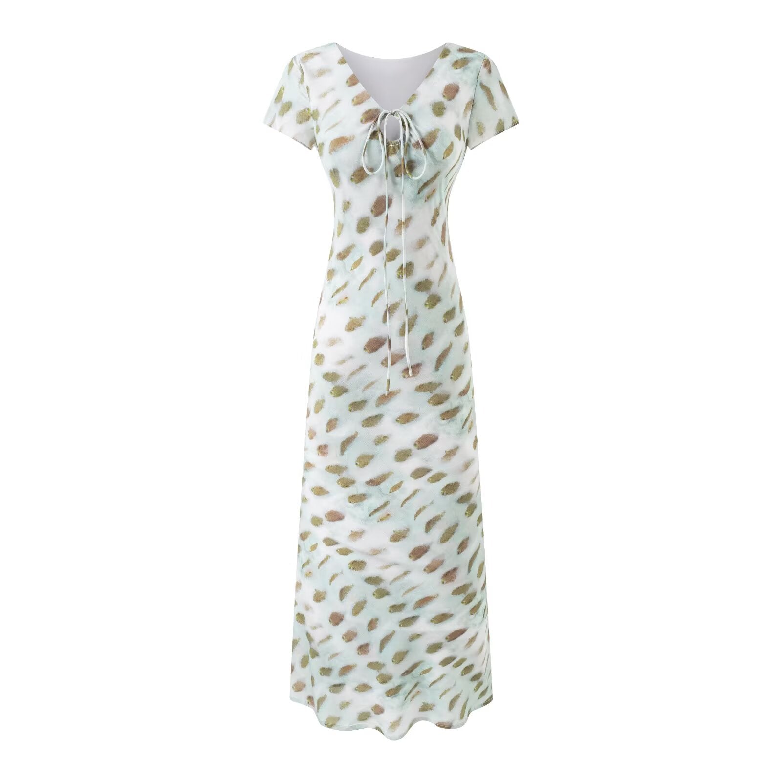 Summer Women Clothing Vacation Elegant V neck Lace up Short Sleeve Printed Dress PullWind