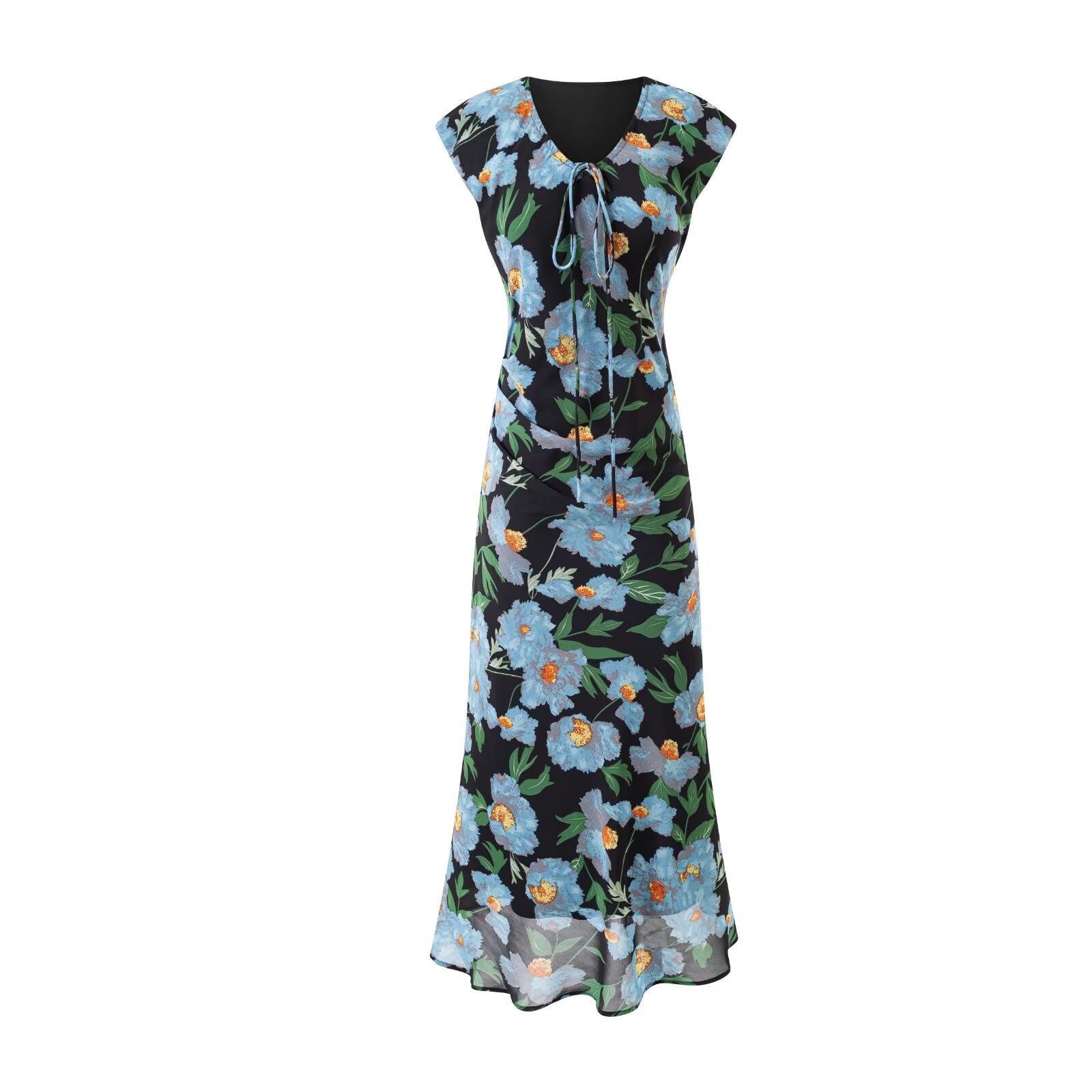 Summer Printed V neck Bow Lace up Slim Fit Mid Length Dress PullWind