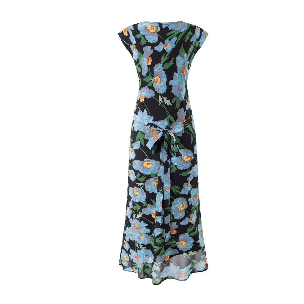 Summer Printed V neck Bow Lace up Slim Fit Mid Length Dress PullWind