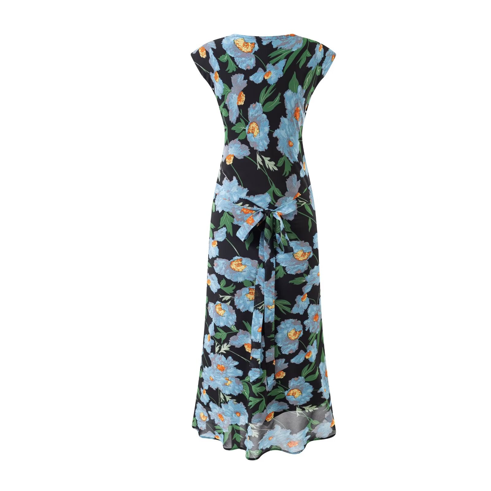 Summer Printed V neck Bow Lace up Slim Fit Mid Length Dress PullWind