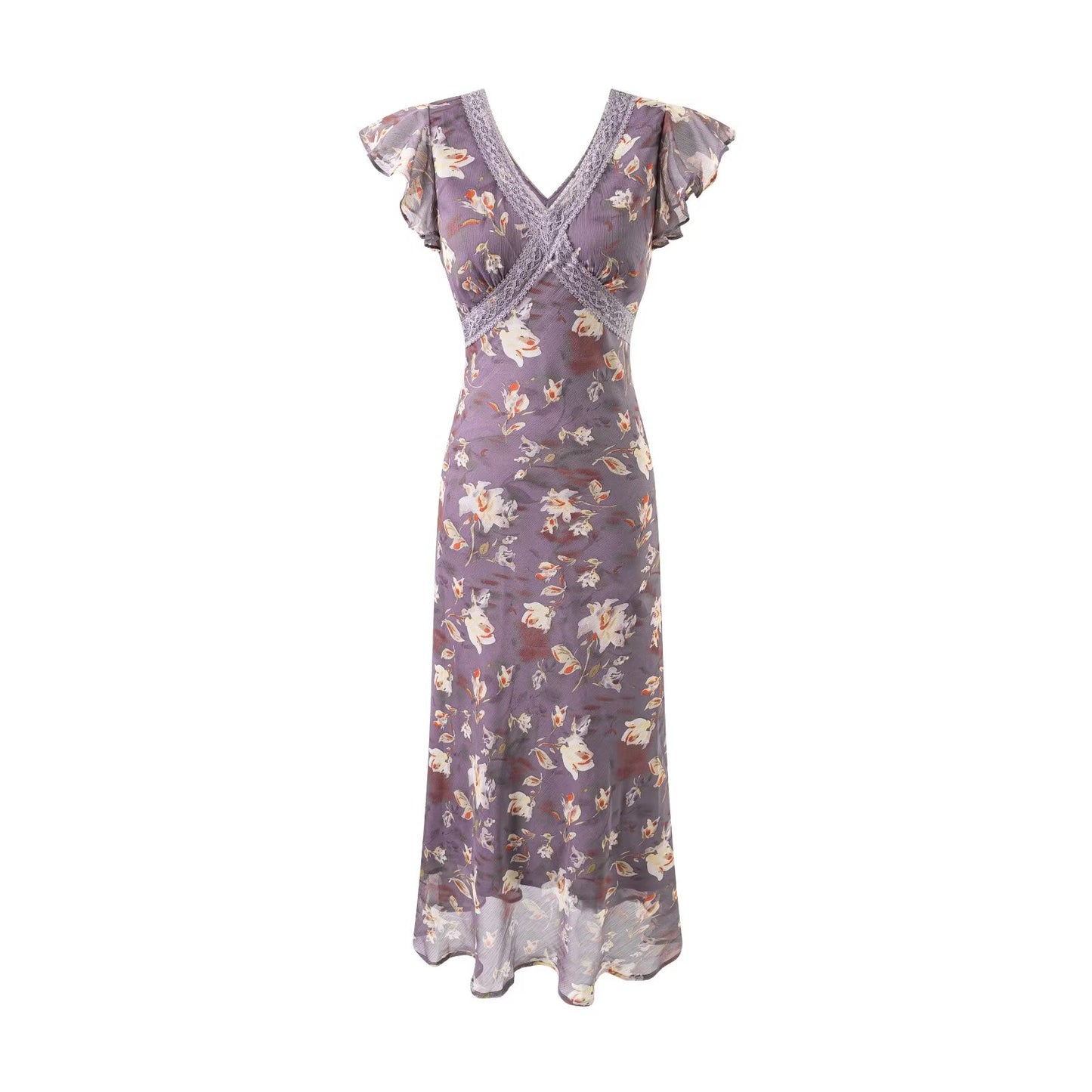 Summer Elegant Romantic Flying Sleeve Lace V neck Patchwork Long Floral Slim Fitting Dress