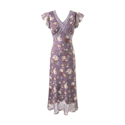Summer Elegant Romantic Flying Sleeve Lace V neck Patchwork Long Floral Slim Fitting Dress