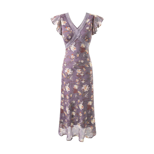 Summer Elegant Romantic Flying Sleeve Lace V neck Patchwork Long Floral Slim Fitting Dress