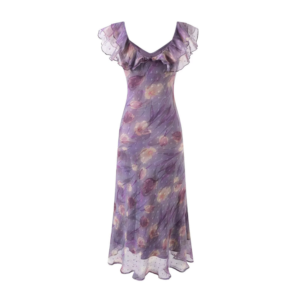 Summer Holiday Casual Summer Purple Printed Ruffled Dress PullWind