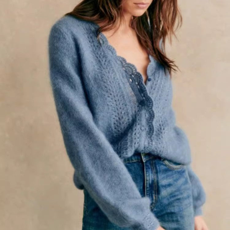 Autumn French Relaxed Feeling Special Interest Design Haze Mohair V neck Crocheted Puff Sleeve Knitted Cardigan TinkleBell