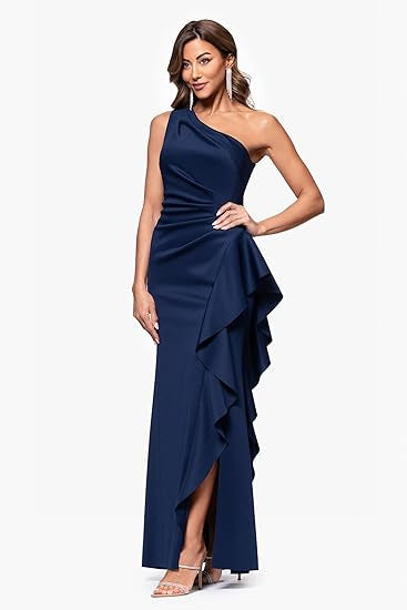 Vestido de noche elegante de un solo hombro, color sólido, cintura delgada, abertura con cola de pez y volantes laterales