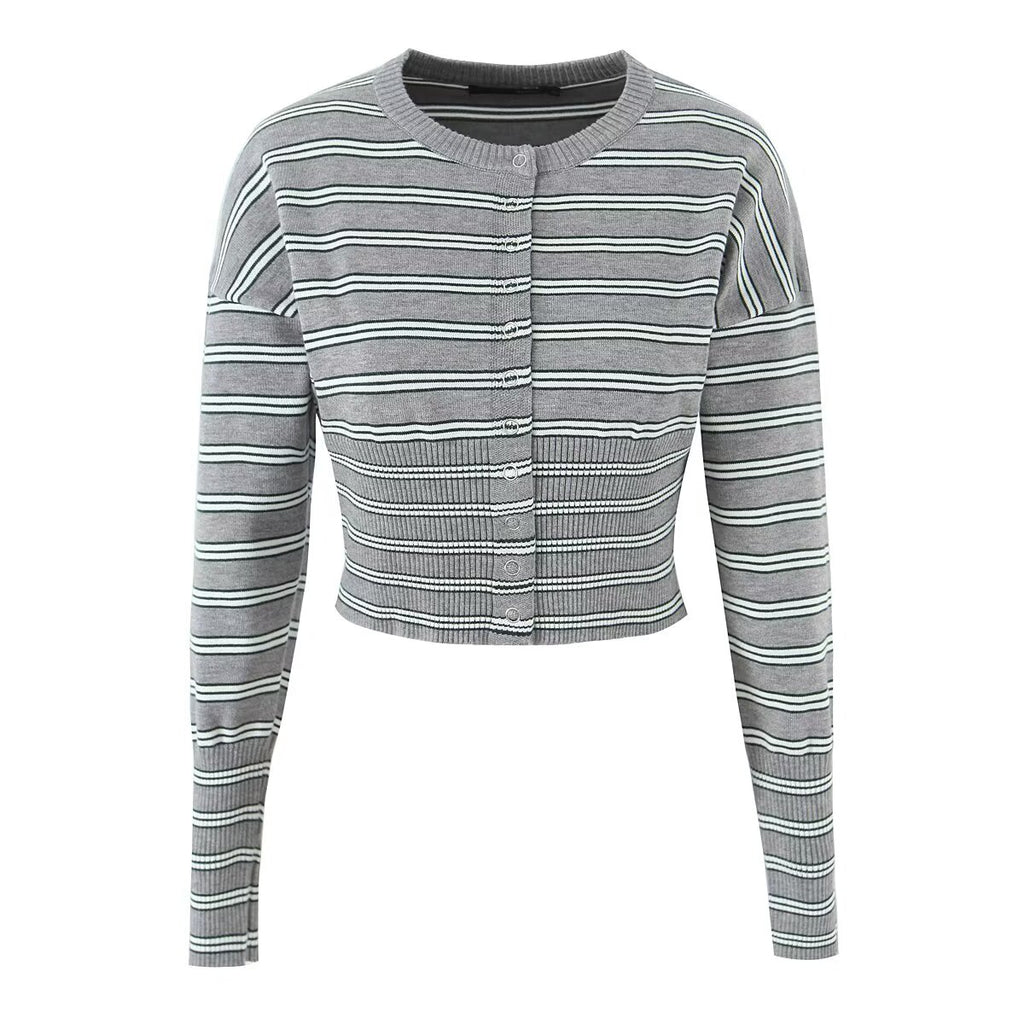 Suéter de rayas de otoño, top sexy ajustado, cárdigan de una sola botonadura para mujer