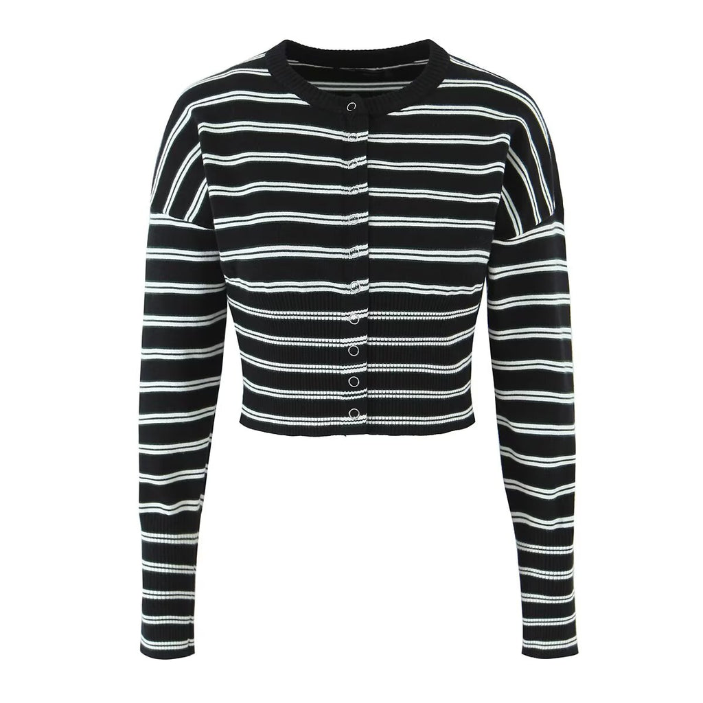 Suéter de rayas de otoño, top sexy ajustado, cárdigan de una sola botonadura para mujer