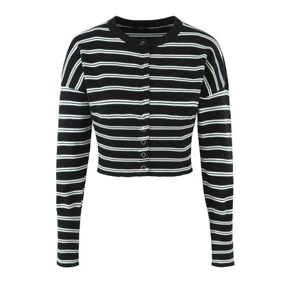 Fall Striped Sweater Top Sexy Slim Slimming Single Breasted Cardigan Coat for Women
