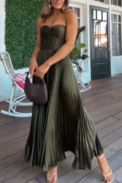 Spring Summer Pleated Wrapped Chest Satin Dress Casual Vacation Zipper Dress Oyrina